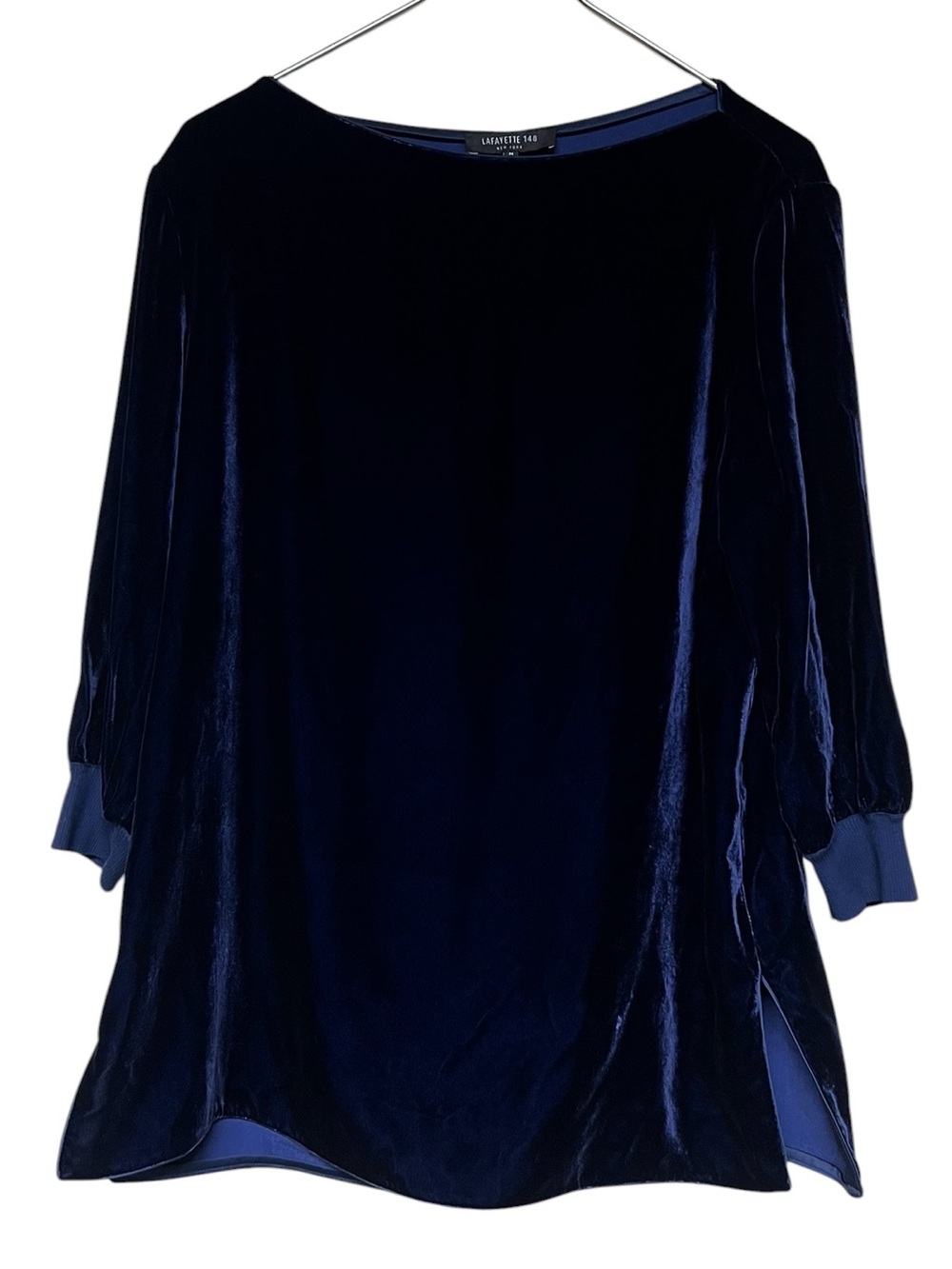 Lafayette 148 New York blue velvet silk blend boat neck 3/4 sleeve blouse